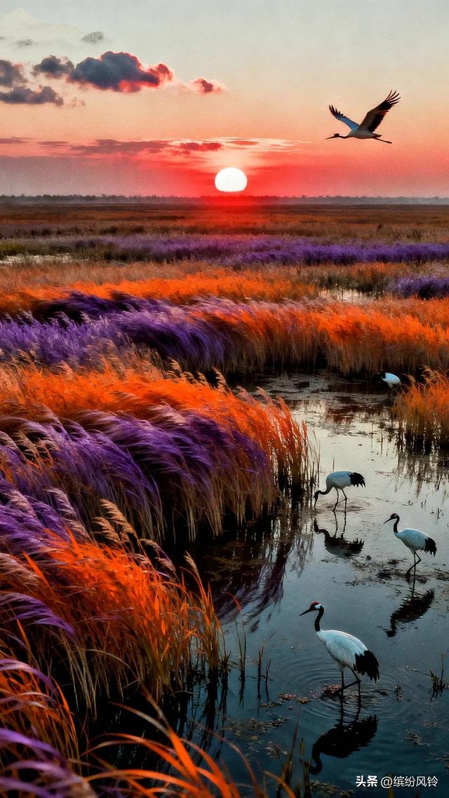 夕阳下的湿地，丹顶鹤在水畔翩跹