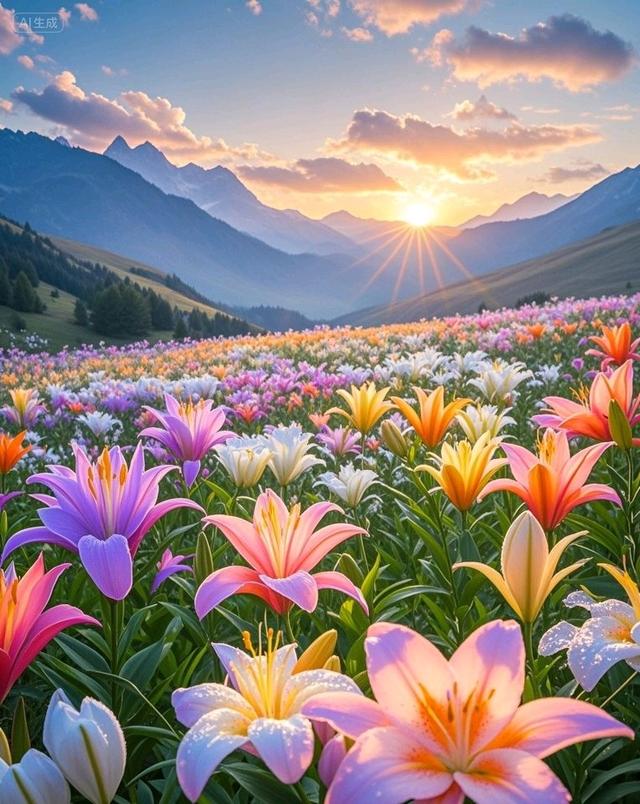 日出洒百合花海，远山相伴，太美了
