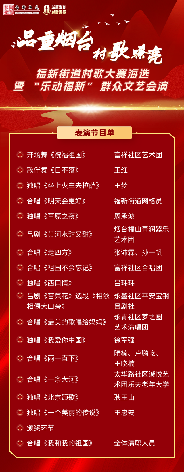 今晚开唱！“品重烟台·村歌嘹亮”福新街道村歌大赛海选，16 个村歌节目，就等你喊好！