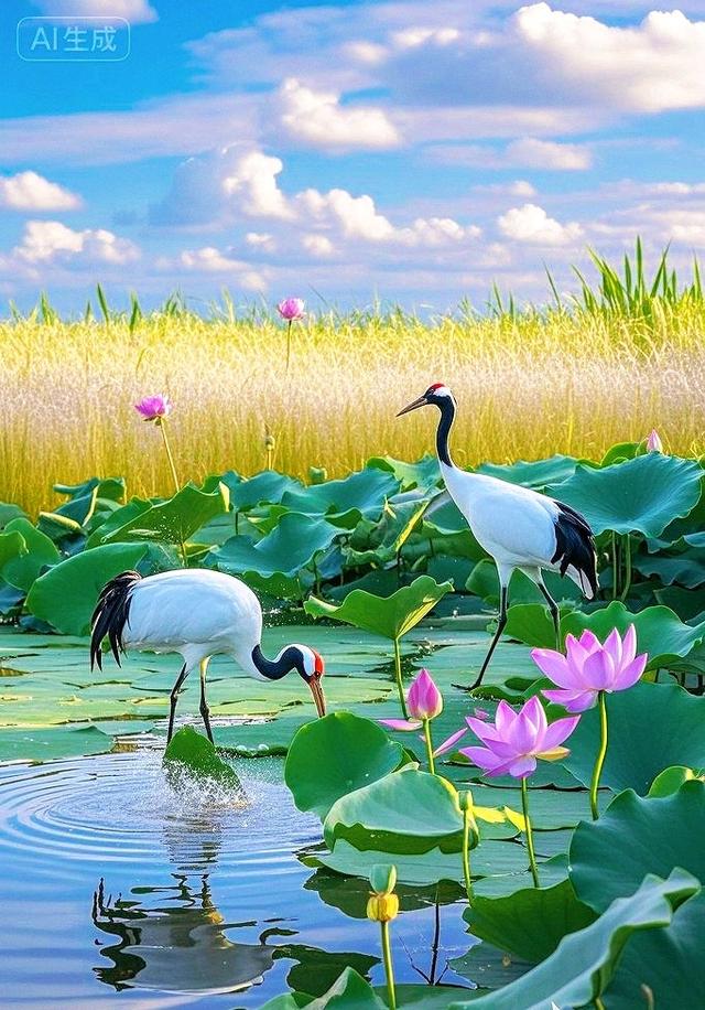 晴云铺绵，碧荷拥莲，双鹤栖塘漾波，天地尽是清灵柔美风光