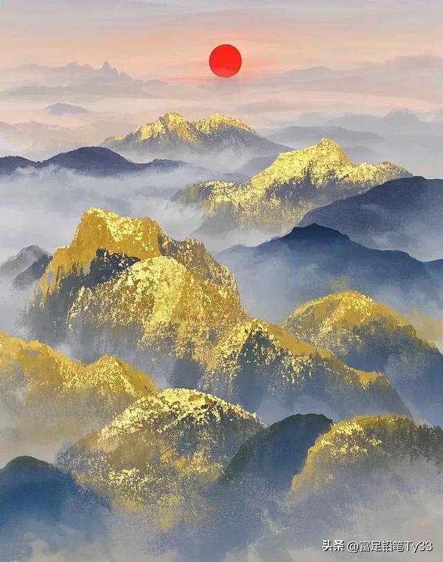 梦幻时分日西沉，云海翻涌浪波奔，金光闪耀天际处，瑰丽壮美动人