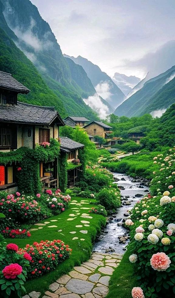 山谷花径绕屋，环境清幽得像世外桃源
