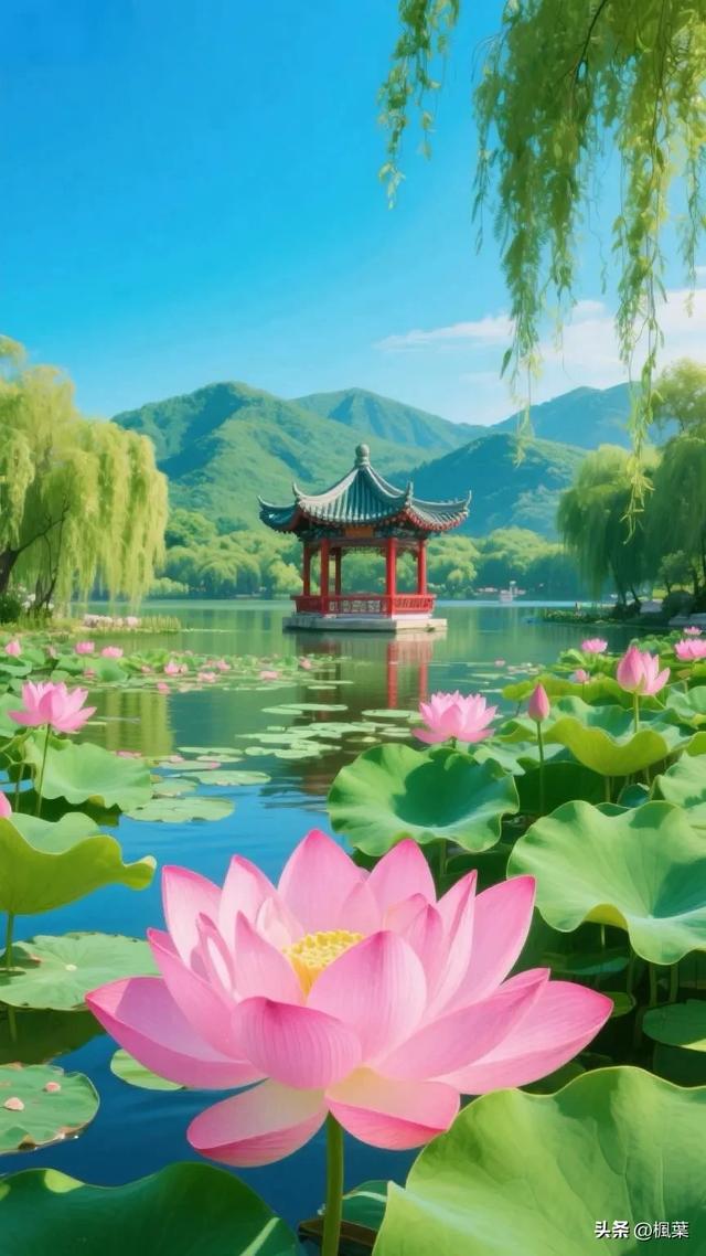 满塘盛开着粉嫩的荷花，宽大翠绿的莲叶层层叠叠，尽显生机与美丽