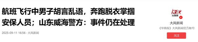 男子飞机上发癫裸奔，大喊大叫掌掴安保，被制服仍撒泼，警方介入