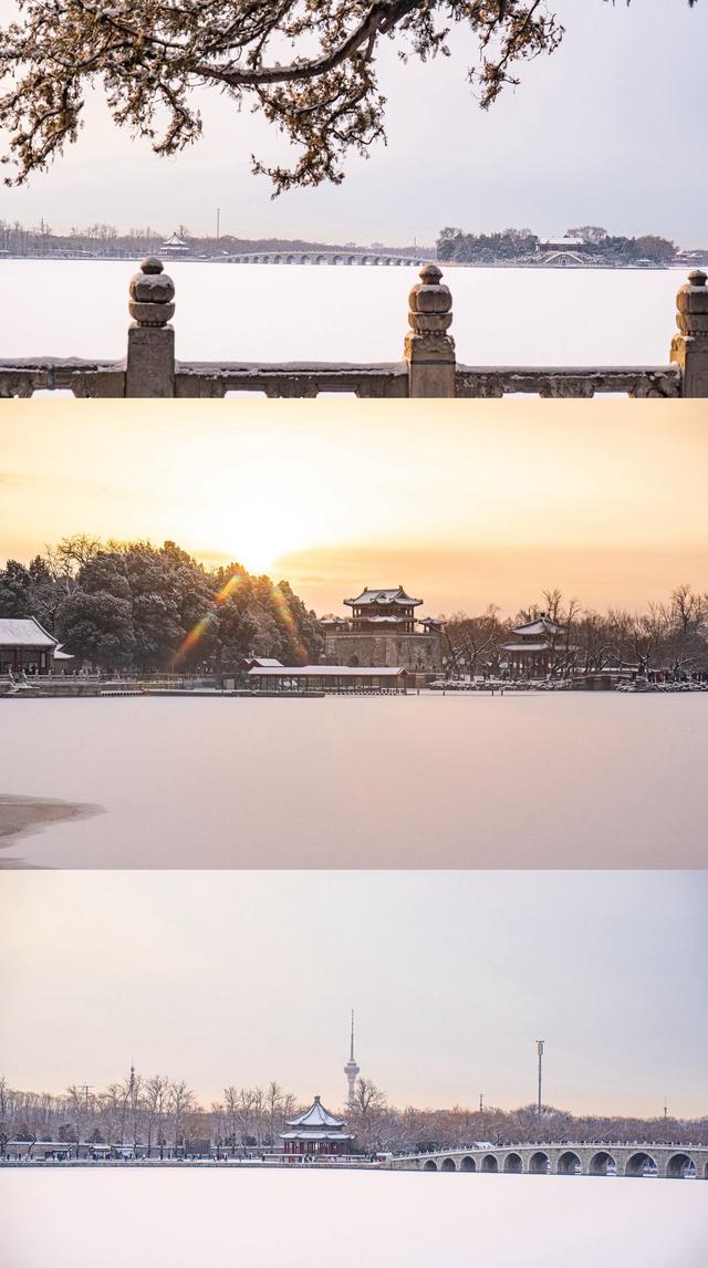 雪落廊桥，颐和园便成了半白半黛的水墨长卷。