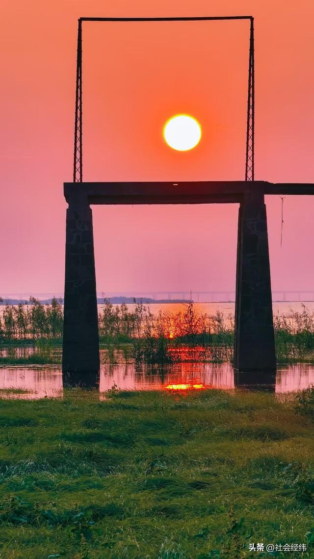 每日一景|石臼湖溧水张许村栈桥赏 “橘子海” 夕阳，水天交融