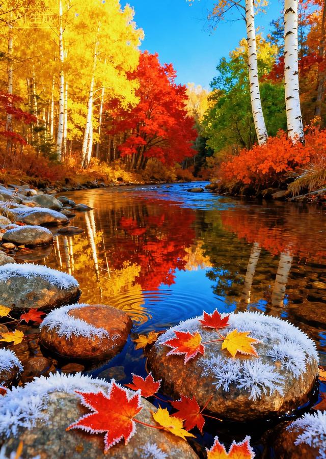 霜覆溪石，枫染红黄，秋溪藏尽斑斓色