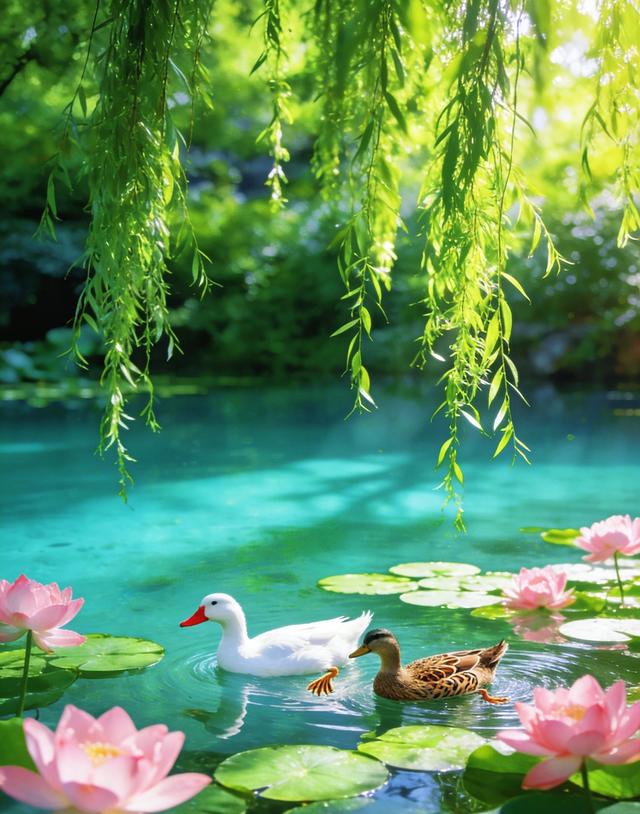 柳丝垂落映碧水，粉荷双鸭相映趣，这荷塘景色也太好看了吧！