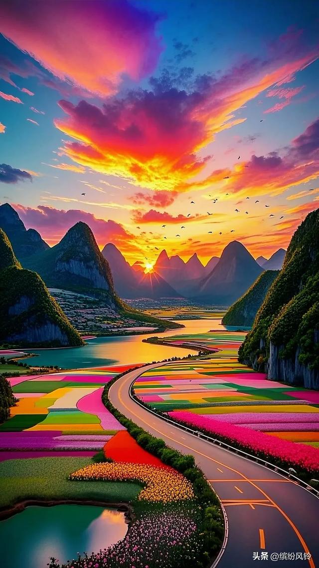 霞光似梦幻锦缎，晕染了天际