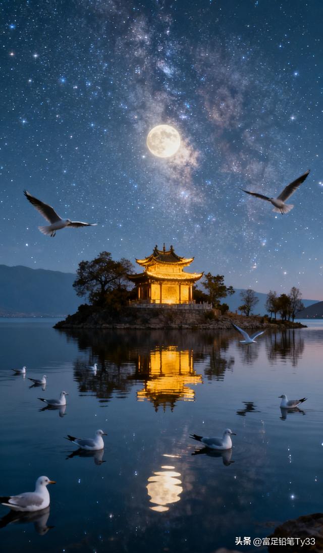 月光下的湖畔古塔，星河璀璨，宁静如画！