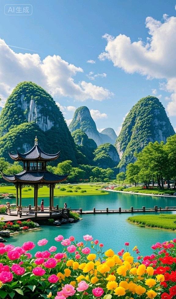 峰翠湖明亭立，花裹晴光，这景美透了