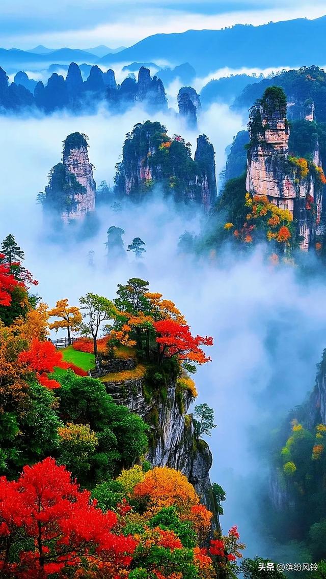 云雾若轻纱，缠绕于嶙峋石柱之间