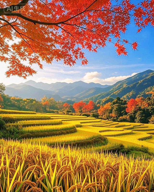 稻浪金黄拥沃野，远山如黛秋意浓