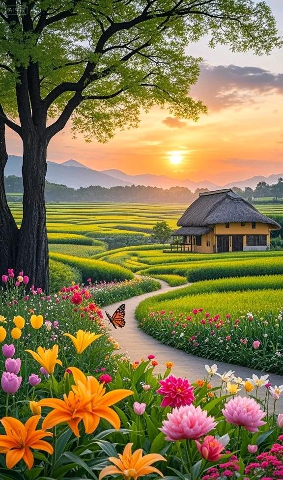 古村卧花海，梯田连远山，美成田园诗画