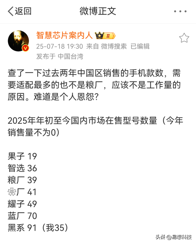 6大品牌在售机型数量对比，苹果最少，最多不是华为也非小米