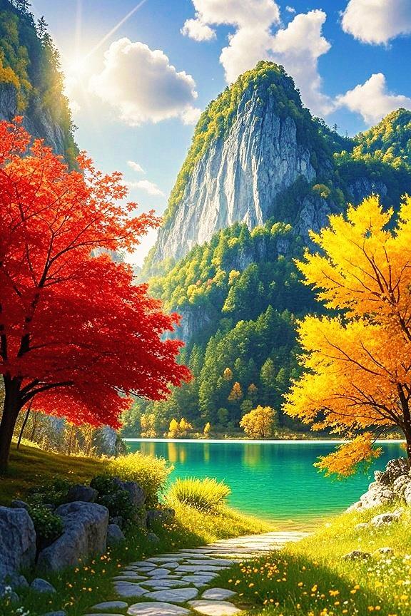 红枫金树绕碧湖