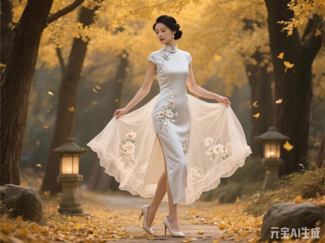 米白色梦幻旗袍美女图片鉴赏（末尾附ai提示词）