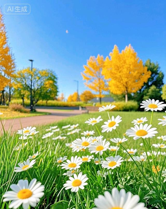 金黄树林、雏菊绿草衬蓝天，这片秋景，超治愈~