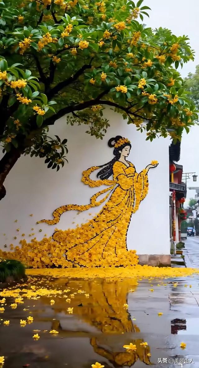 绝了！桂花拼成的古风美人，倒映在雨巷里美到心颤
