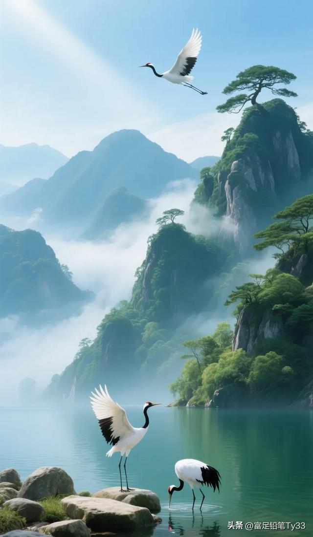 仙鹤翩翩起舞，山水如画，美不胜收！