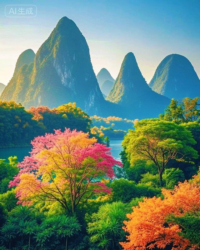 峰林秋意浓，碧水染层林