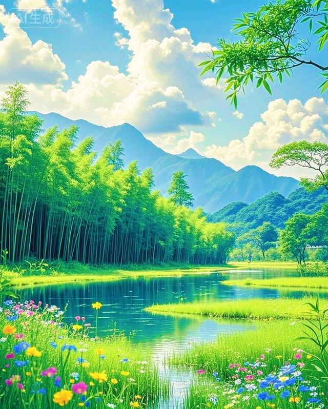 竹林繁花、澄澈湖水、连绵青山与漫天云絮，一幅绝美的山水画卷！