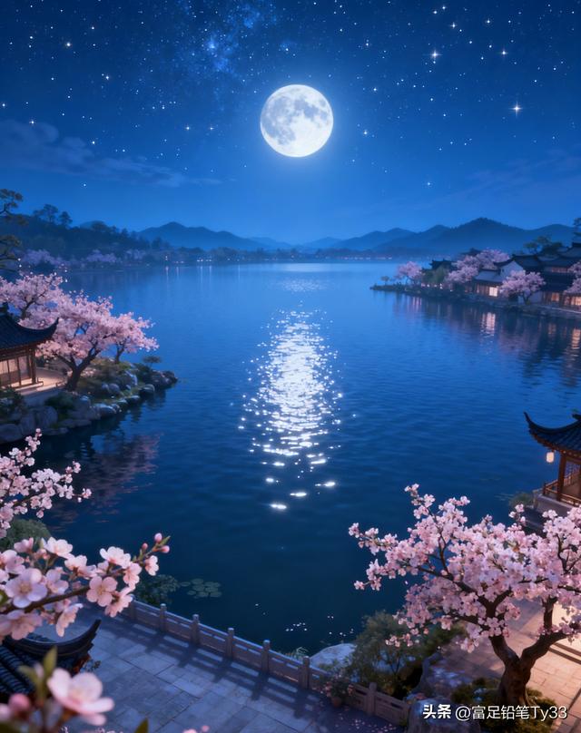 月色如水，樱花飘落，静谧夜晚的诗意美景！