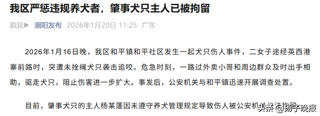 汕头两女子遭未拴绳恶狗袭击追咬	，外卖小哥和多名路人挺身而出，官方通报：肇事犬只主人已被拘留
