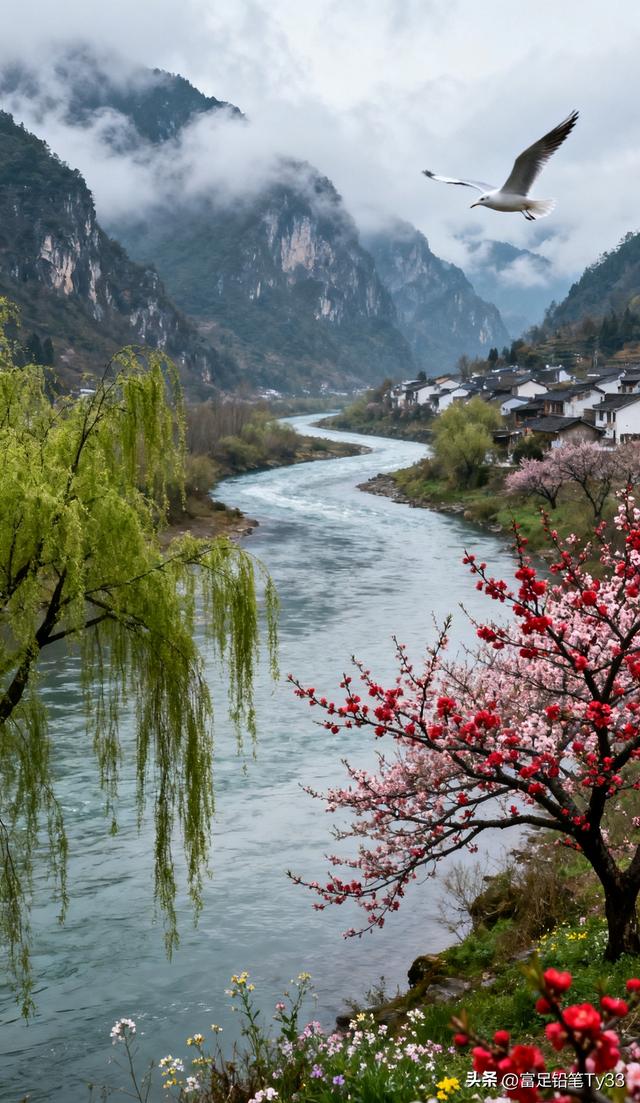 春日山川粉樱绽，飞鸟掠晴空，静谧融画里，风拂暗香浓，意无穷！