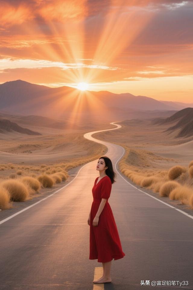 夕阳下的红裙女子，沙漠公路的浪漫邂逅！