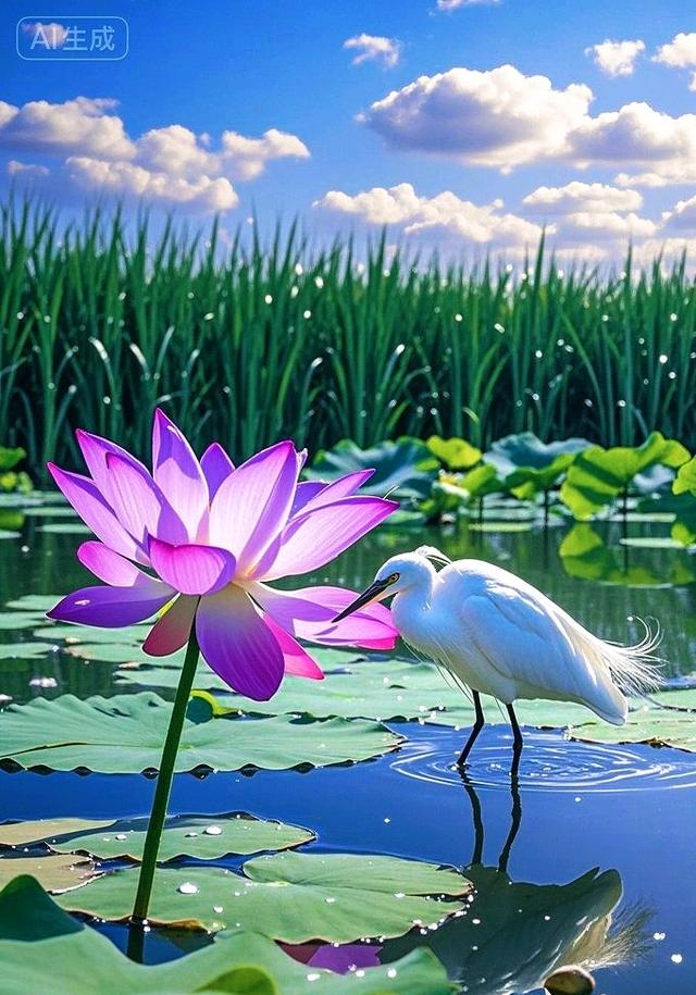 晴云铺绵，碧荷拥莲，双鹤栖塘漾波，天地尽是清灵柔美风光