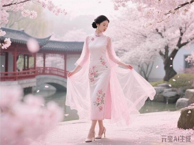米白色梦幻旗袍美女图片鉴赏（末尾附ai提示词）
