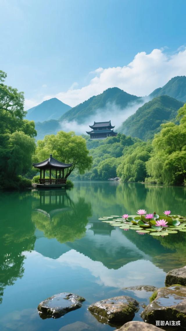 静谧湖畔，古风亭台，云雾缭绕，宛如仙境！