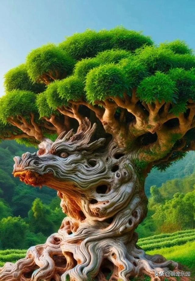 仰望天空巨树如华盖，微风诉说岁月故事，我沉醉绿意天地间