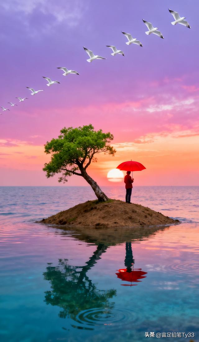 “海边孤树下的浪漫日落，撑伞人儿静享时光！”