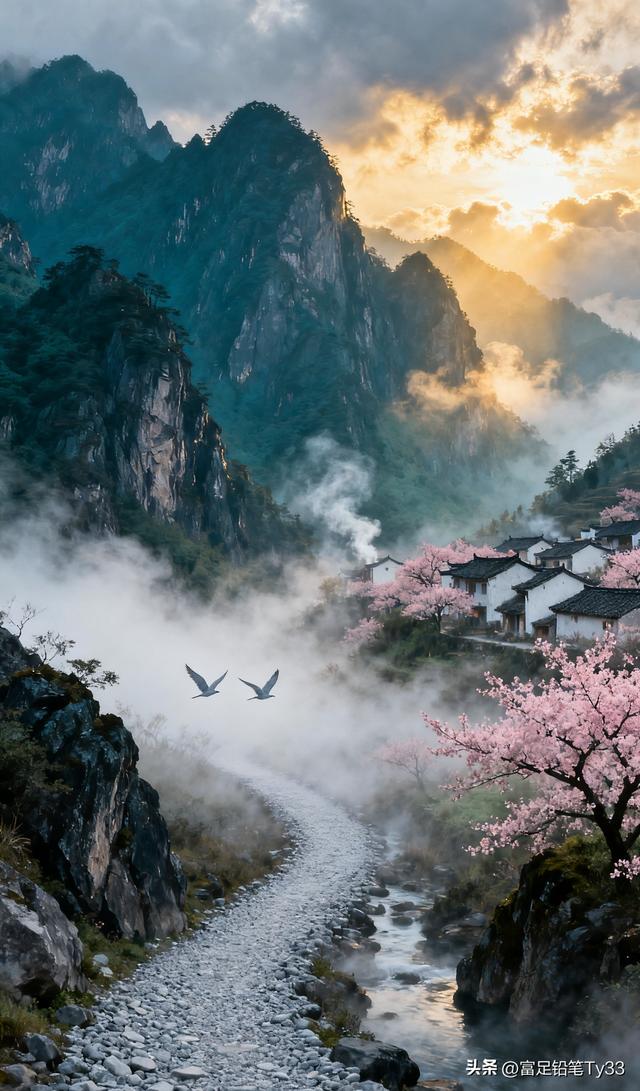 云雾缭绕的世外桃源，粉嫩樱花映衬古村落，仙境般的宁静与美丽！