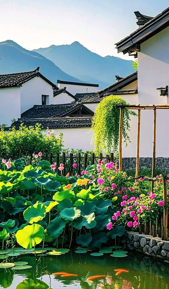 一池荷塘锦鲤游，半院白墙黛瓦幽