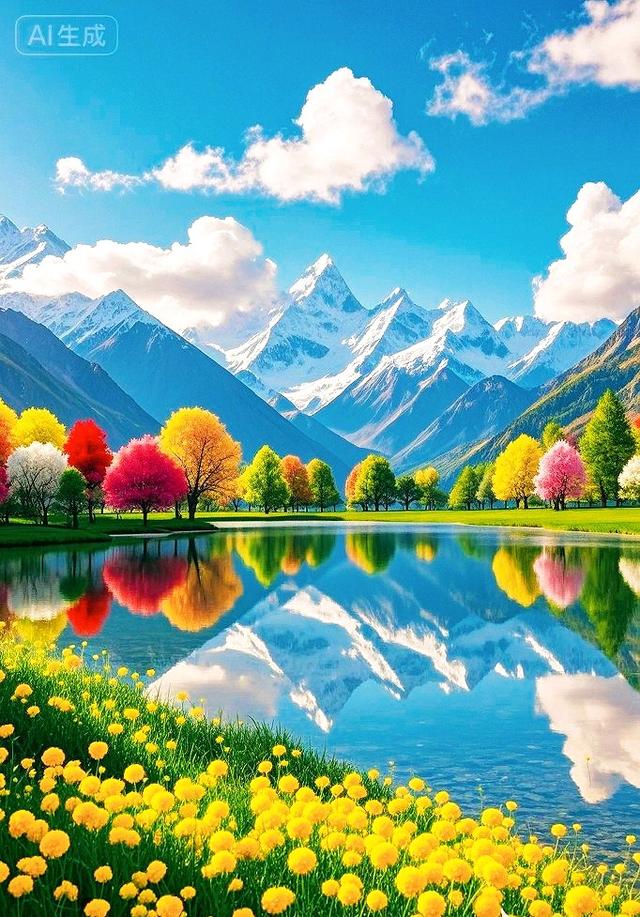 雪山湖畔，五颜六色树绘就绝美治愈画卷