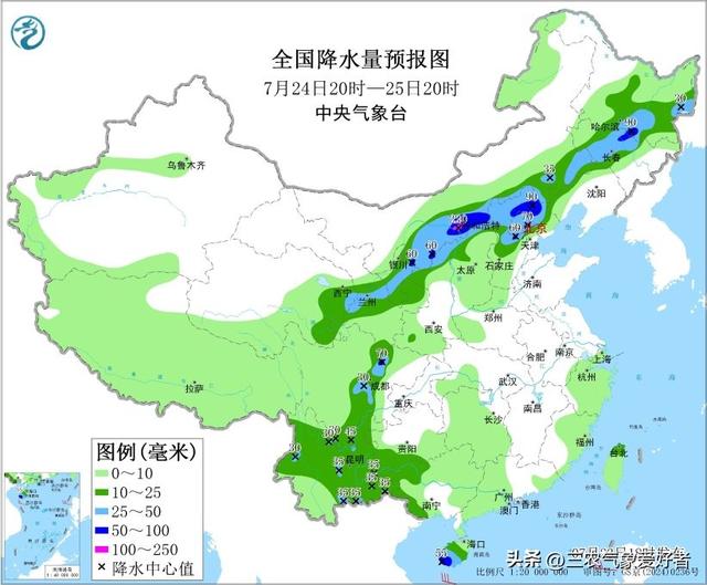 本轮强降雨中心已定，明日7月25号天气预报，暴雨大暴雨分布如下