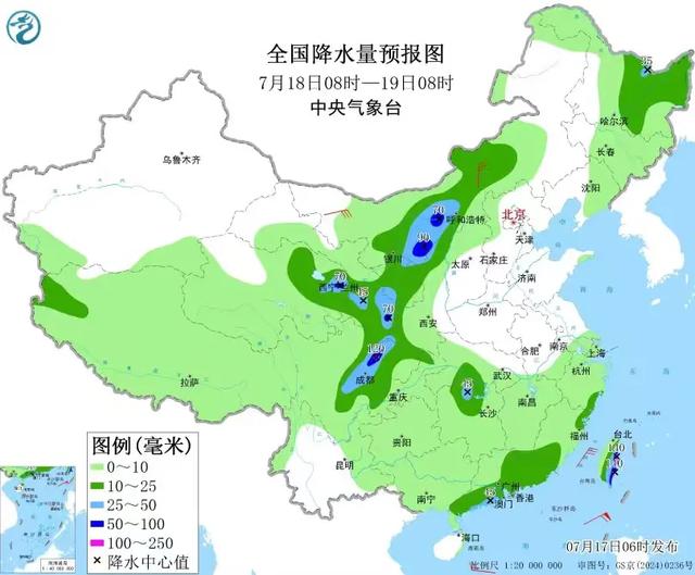 本轮降雨分布已发布，明天7月18日天气预报，具体分布下面地区
