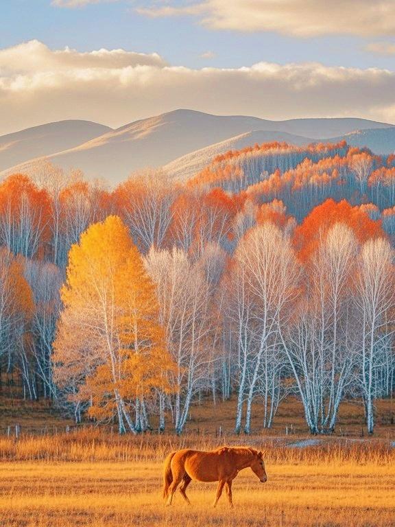 斑斓树影下，秋原里的自在马群