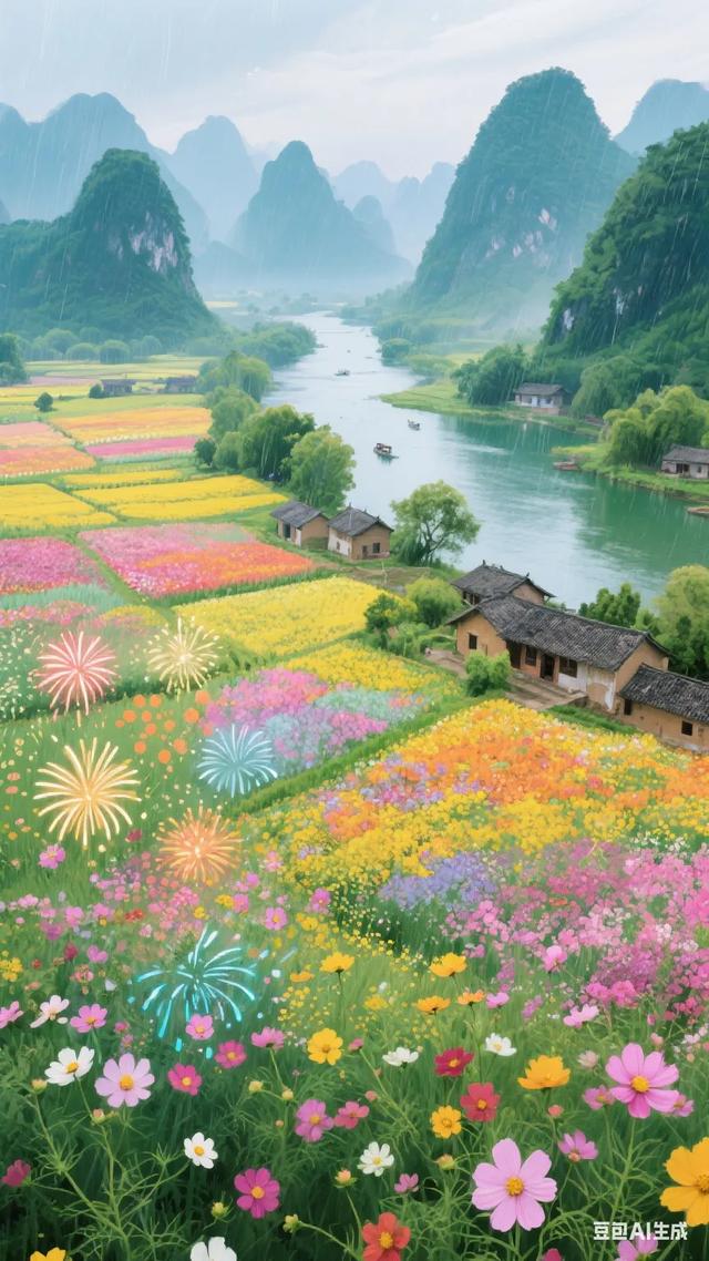 梦幻仙境色彩斑斓的花海与静谧河流相映成趣，仿佛置身于童话世界