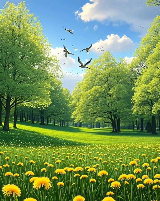 在蒲公英花海的阳光里，绿树盎然绿意，这风景太治愈了