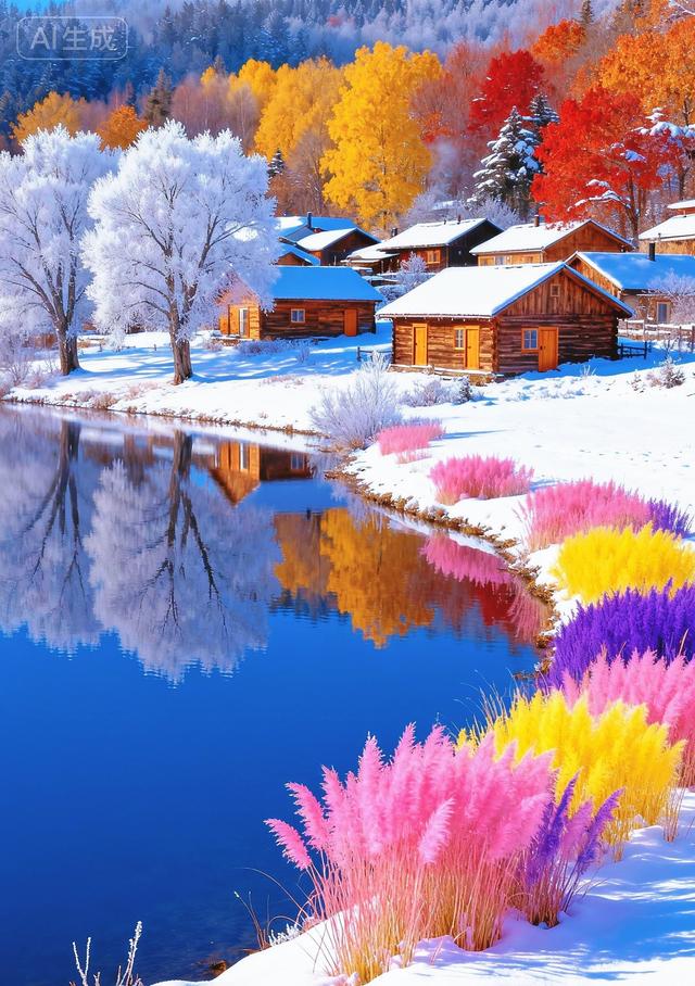 雾凇裹枝，湖映彩林，粉黄紫草绽于雪间，秋冬撞色绘仙境