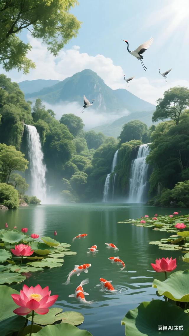 梦幻仙境，飞瀑流泉，锦鲤戏水，白鹭翱翔，大自然的诗意画卷！