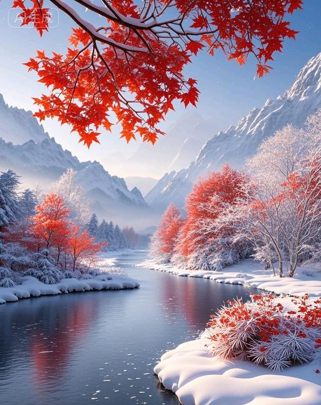雪山彩林映湖光，一半秋意一半冬