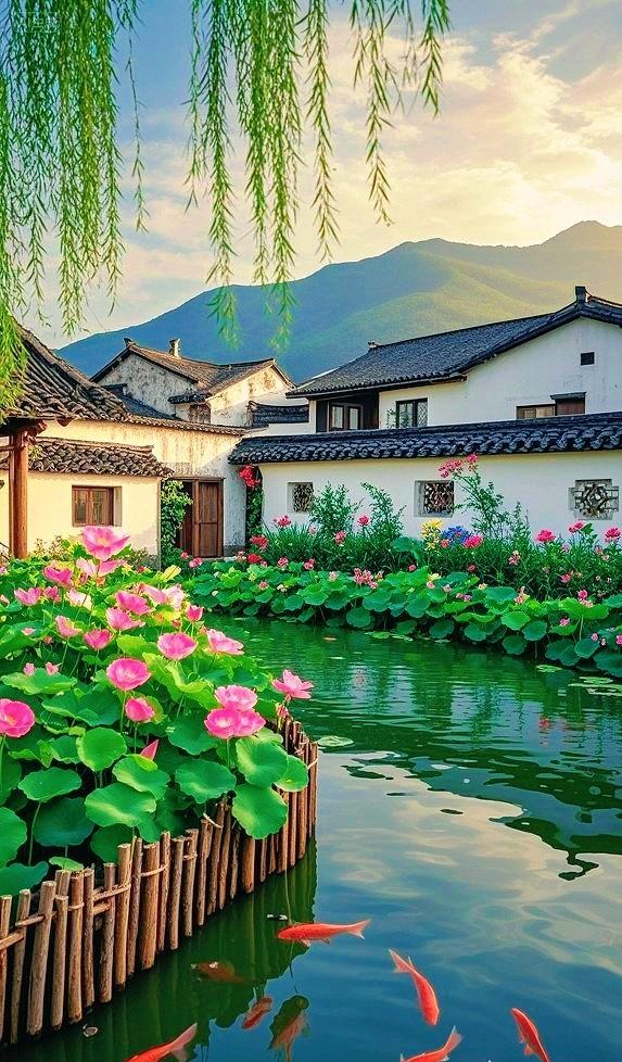一池荷塘锦鲤游，半院白墙黛瓦幽