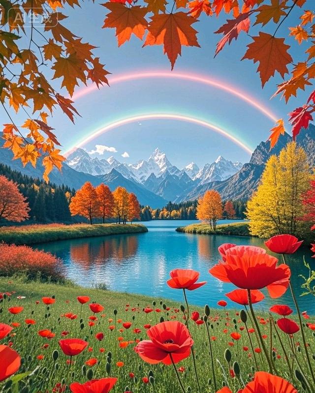 彩虹染秋林，花海醉湖山