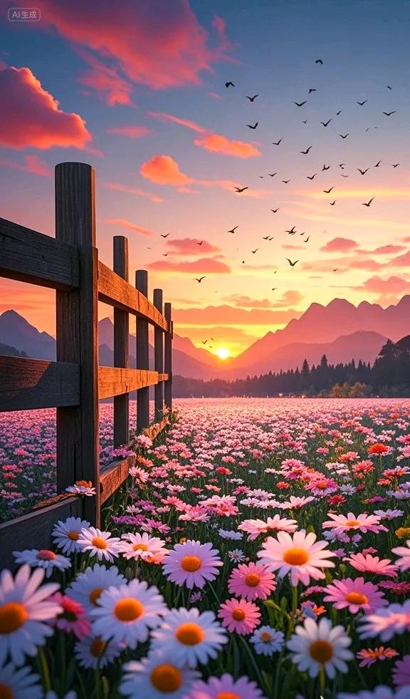 夕阳金辉洒落粉田，维菊摇曳，远山朦胧，唯美至极