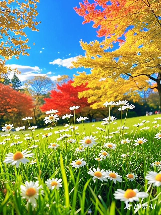 金黄树林、雏菊绿草衬蓝天，这片秋景，超治愈~
